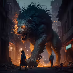 a lion with the eyes glowing in front of a man