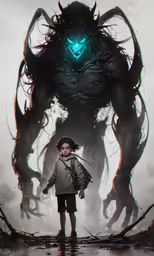 an animated character standing in front of a giant monster