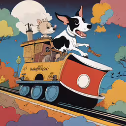 a dog driving on top of a train with two cats,a dog rides in the back of a toy train