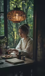 a woman in renaissance clothing seated at the window with food