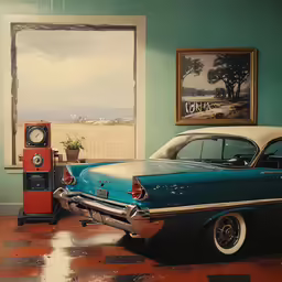 a car parked in a room next to a speaker