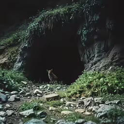 a lone fox sitting in the entrance to a cave