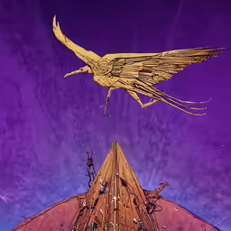 a bird flies by against a purple and violet sky