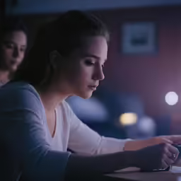 two women sitting in a dark room looking at their phones