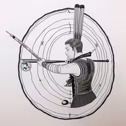 this is an image of a man shooting arrows,a drawing of a man holding a bow and arrow