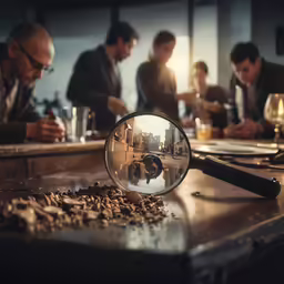a group of men at work in a office building as seen through the magnifying glass