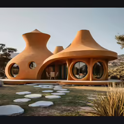 unusual house with round windows and arched roof