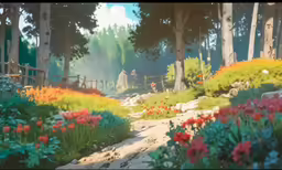 an animation scene showing colorful flowers near a wood fence