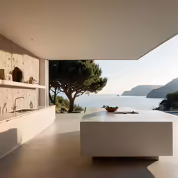 a modern counter is under a large window