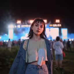 an attractive young woman standing in a field at night