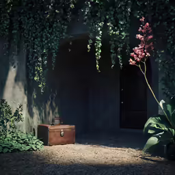 the suitcase is in the dark by the flower