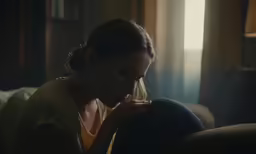a woman is sitting on a couch eating something