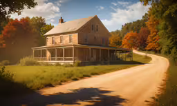 a yellow house on a street with a large tree lined road behind it,an old home with an empty road and a large truck coming toward it