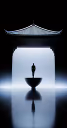 the silhouette of a person stands in front of an oriental style gaze