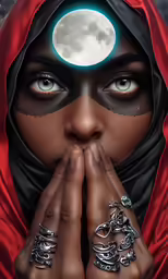 a painting with a red hoodie and ring set covering her mouth