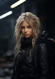 a young blonde woman in a leather outfit,a woman with long hair wearing a jacket and hoodie