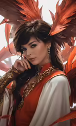 a woman in orange with wings and a bird