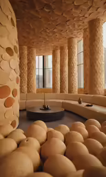 an artisticly designed, stoned living room with modern furniture