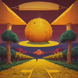 a person in a field next to a giant sphere,a picture of some scenery with an orange sphere