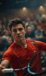 a young man in a red shirt is holding a tennis racket