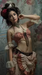 a female belly dancer with no bra poses in front of a wall,this is an image of a beautiful woman in a lingerie