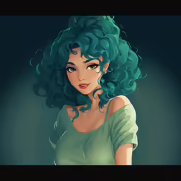 a portrait of a woman with blue hair and green dress