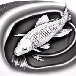 a black and white drawing of a koi fish with circles around it