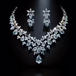 the necklace and earrings is wearing crystal stones