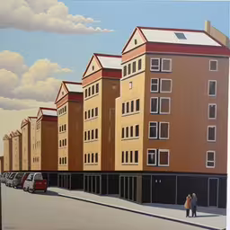 a painting of cars parked near a row of buildings,a painting of a couple standing on the side of a road