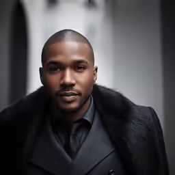 the man with a beard wearing a suit, black shirt and a fur lined jacket