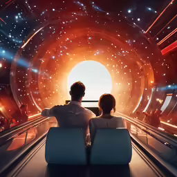 two people are sitting on the escalator