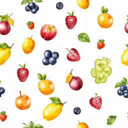 a variety of fruits with leaves on a white background