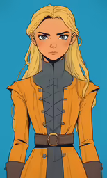 the blonde hair girl with blue eyes in a yellow outfit