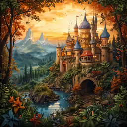this is an oil painting of a castle in the mountains