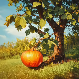 an apple in front of a tree on the grass