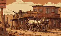 two horse drawn carriages in front of an old western town,an old western western town drawn in pen and ink