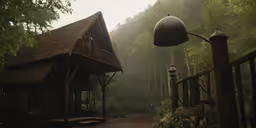 a view of some kind of building in the woods