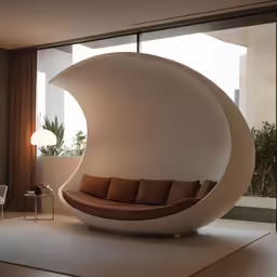 a living room with a white couch and large window