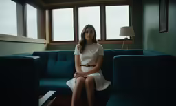 woman sitting on couch in front of window in small room