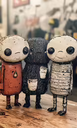 three small wooden robot toys sitting on top of a wooden table