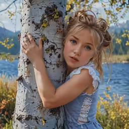 a little girl in a blue dress hugging the base of a tree