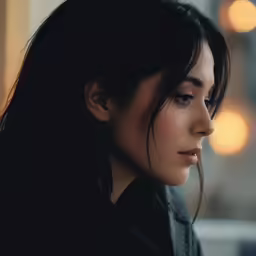 a close up of a woman with dark hair