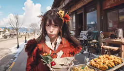 a beautiful young woman standing in front of a plate of food