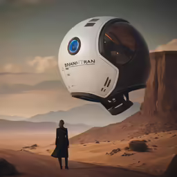woman standing next to an object that resembles a space - man