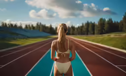 a female in a bathing suit is looking at a race track