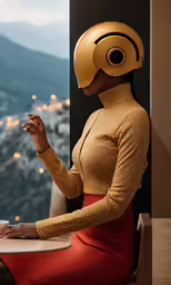 a woman sits at a table while wearing a computer helmet