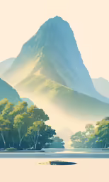 this is a painting of mountains that looks like they are in the mist