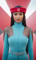 a woman in a blue bodysuit with a head band
