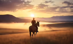 the silhouette of a man on horseback looking at a sunset