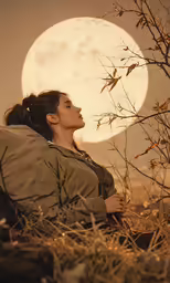 a woman sits on a grassy field with a full moon in the background